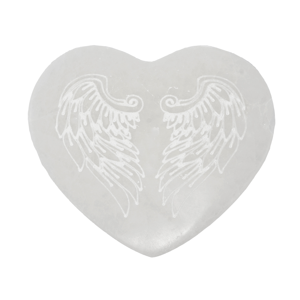 Heart, selenite, 10.0 cm, wing engraving