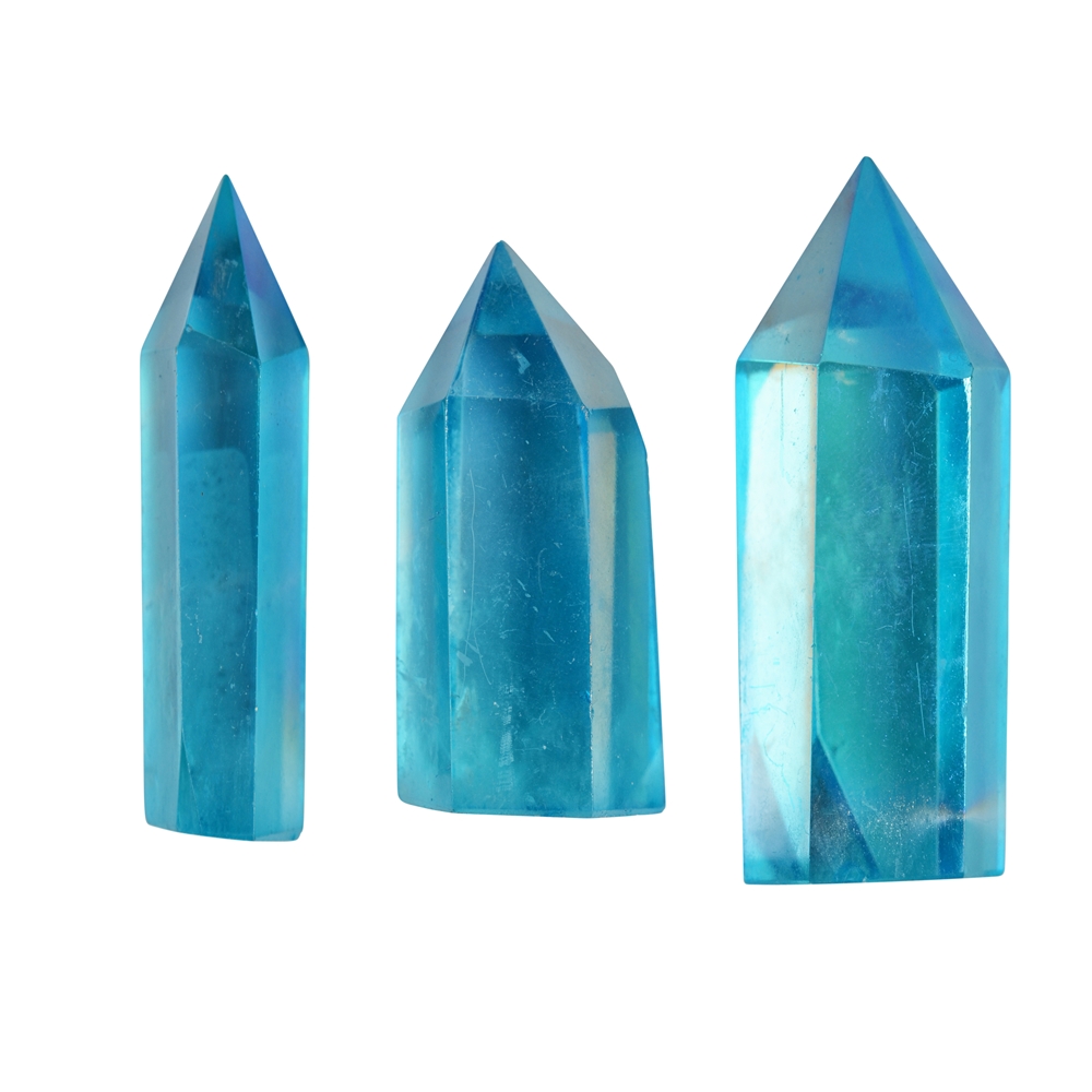 Pointe polie en quartz coloré (teinte "aqua aura"), 60 - 80g (grand), avec encart en pochette