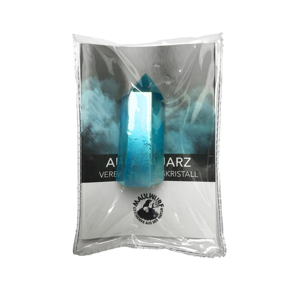 Pointe polie en quartz coloré (teinte "aqua aura"), 60 - 80g (grand), avec encart en pochette