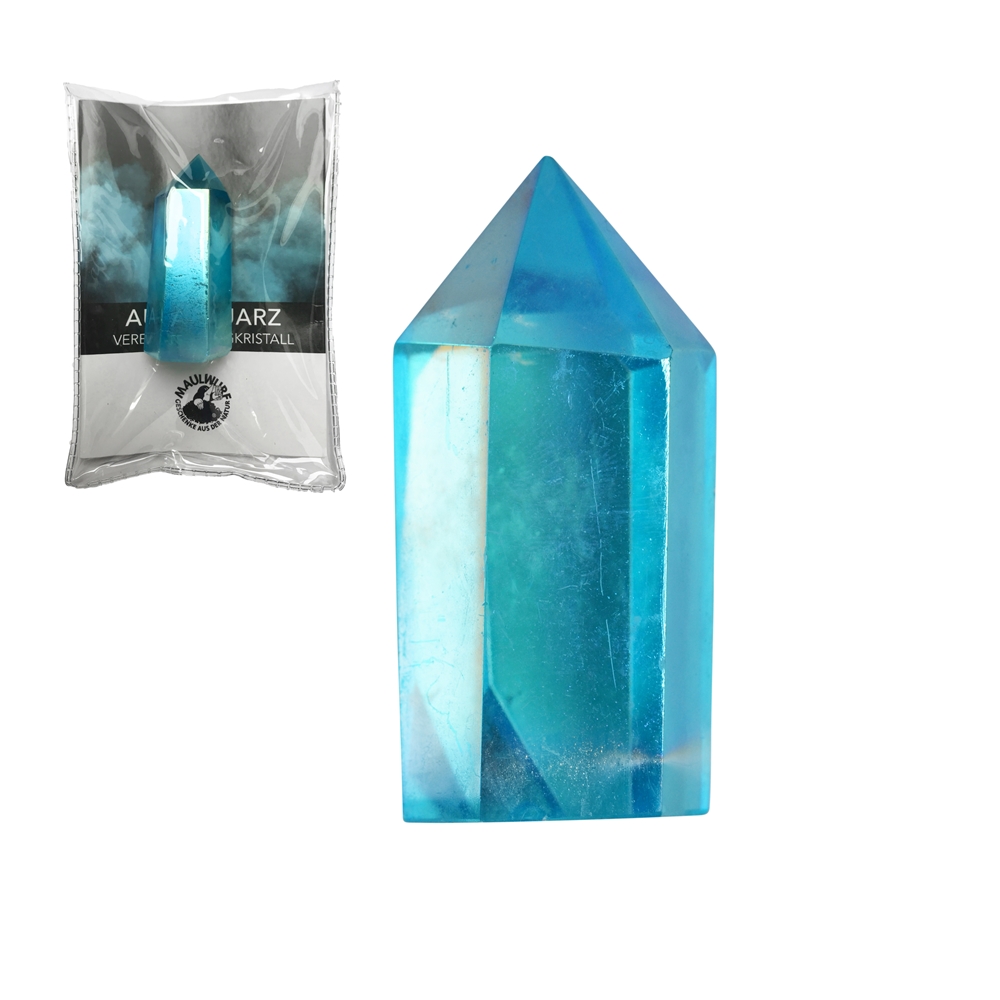 Pointe polie en quartz coloré (teinte "aqua aura"), 60 - 80g (grand), avec encart en pochette