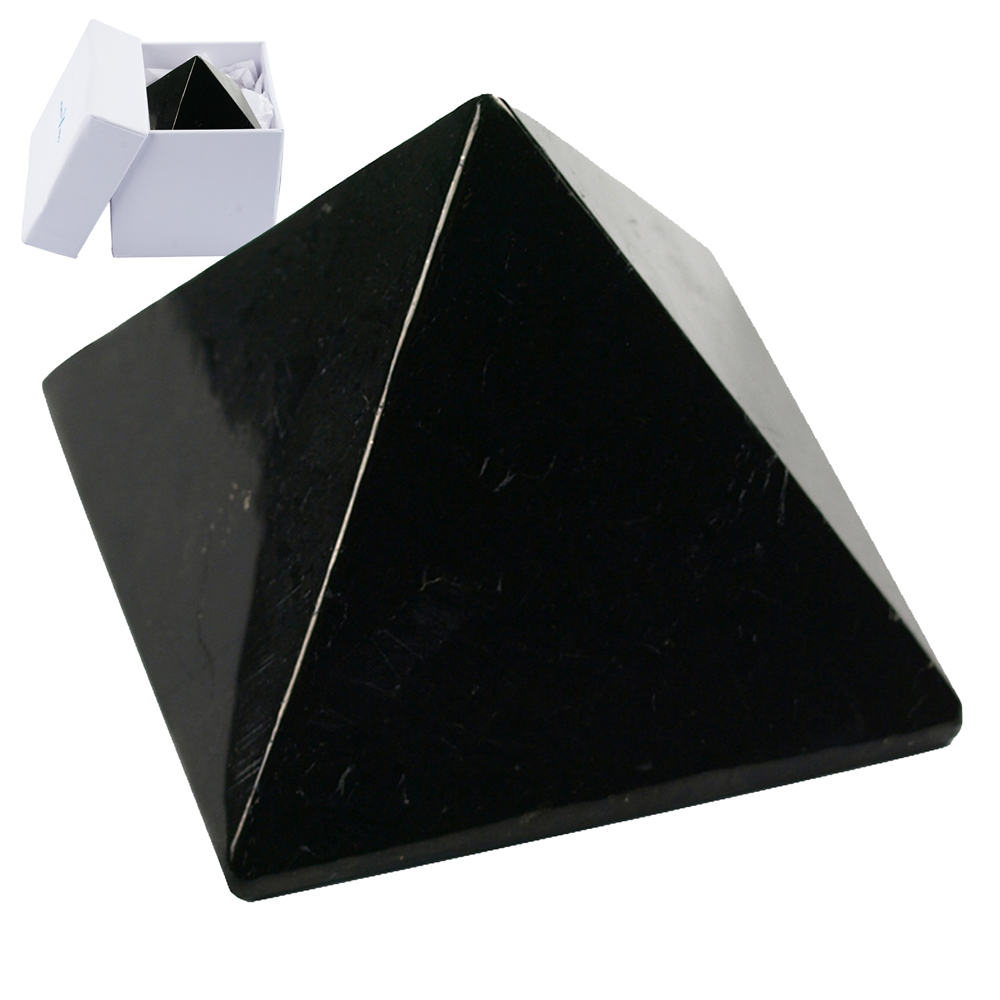 Pyramide de schungite (stab.), 09,5 - 10,0cm, en boîte cadeau