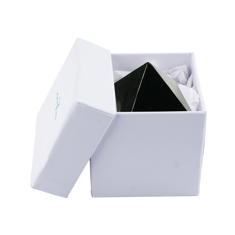 Pyramide de schungite (tige) 06cm, avec "Fleur de vie", dans une boîte cadeau