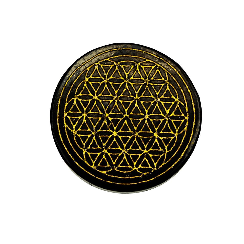 Slice of shungite "Flower of Life" gold-colored, 9cm, in gift box