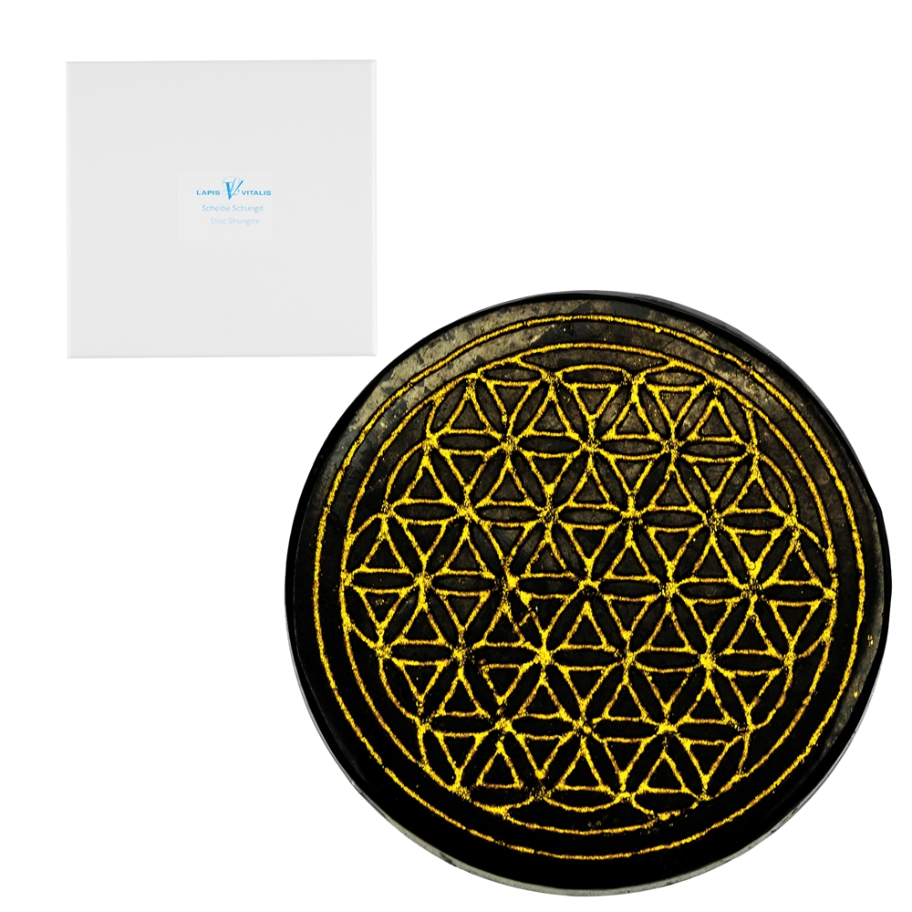 Slice of shungite "Flower of Life" gold-colored, 9cm, in gift box