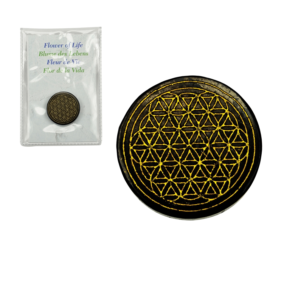 Disc Schungite "Flower of Life" gold colored, 3,5cm, in pouch