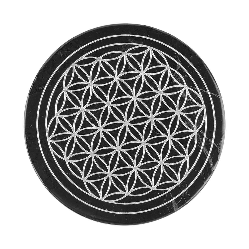 Disk Schungite "Flower of Life" silver, 9cm, in gift box