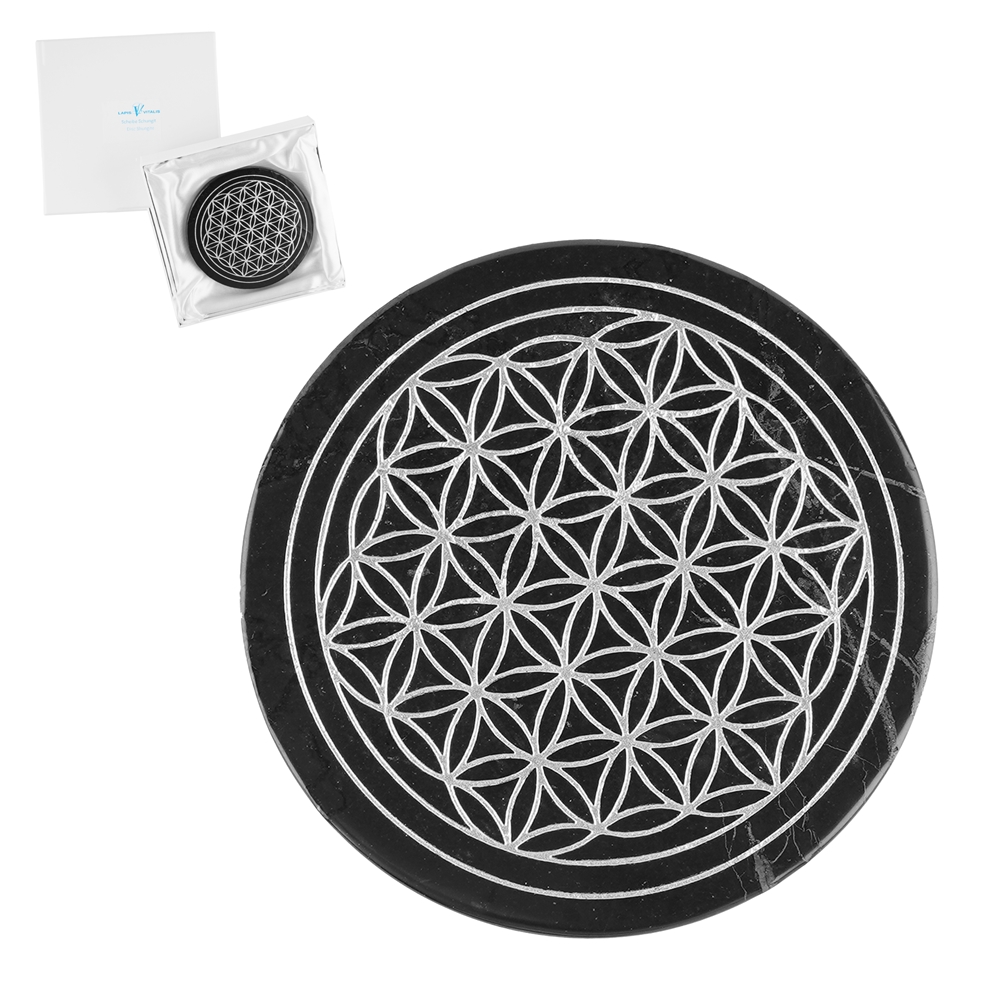 Disk Schungite "Flower of Life" silver, 9cm, in gift box