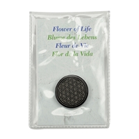 Disque de schungite "Fleur de vie" argenté, 3,5cm, en pochette