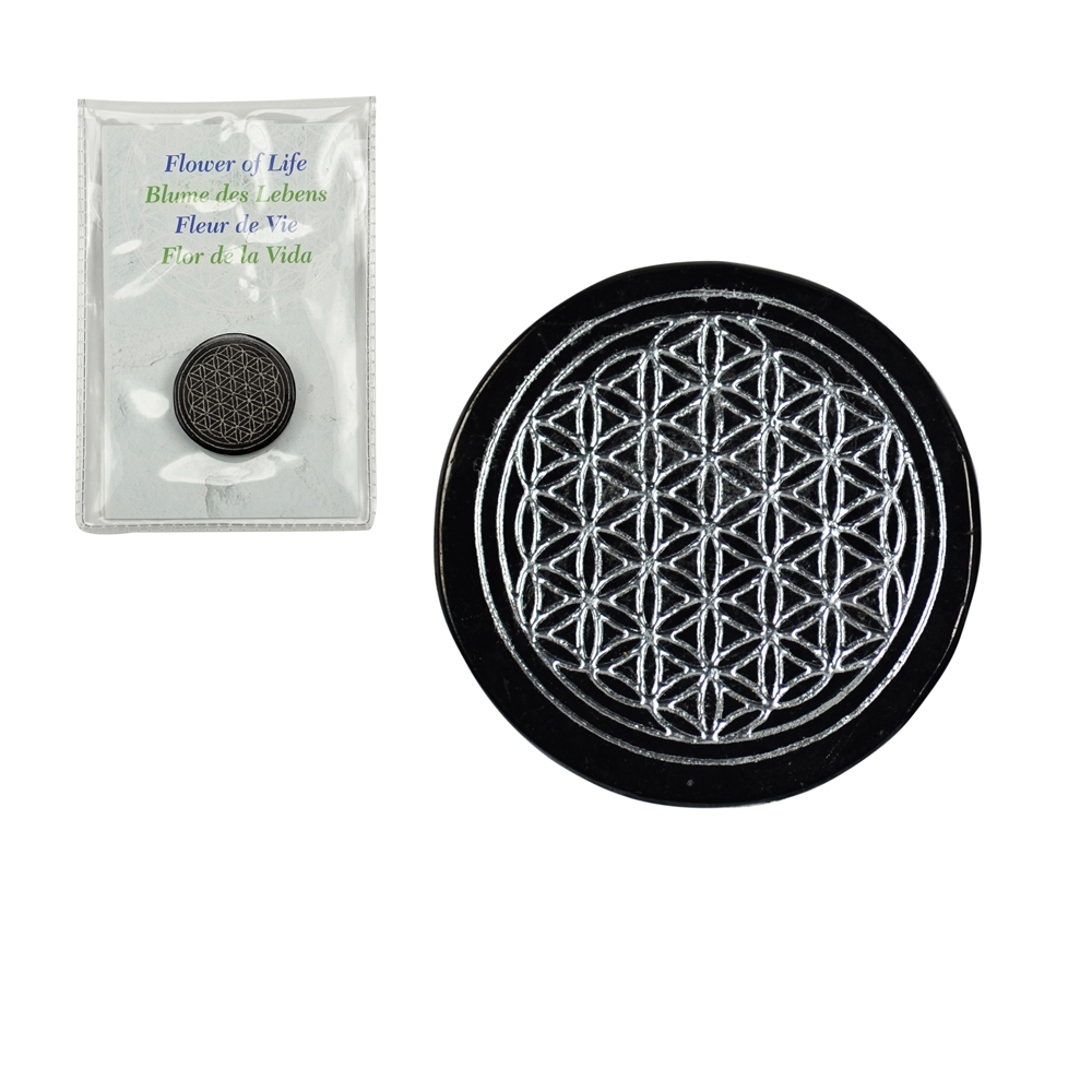 Disc Schungite "Flower of Life" silver, 3,5cm, in pouch