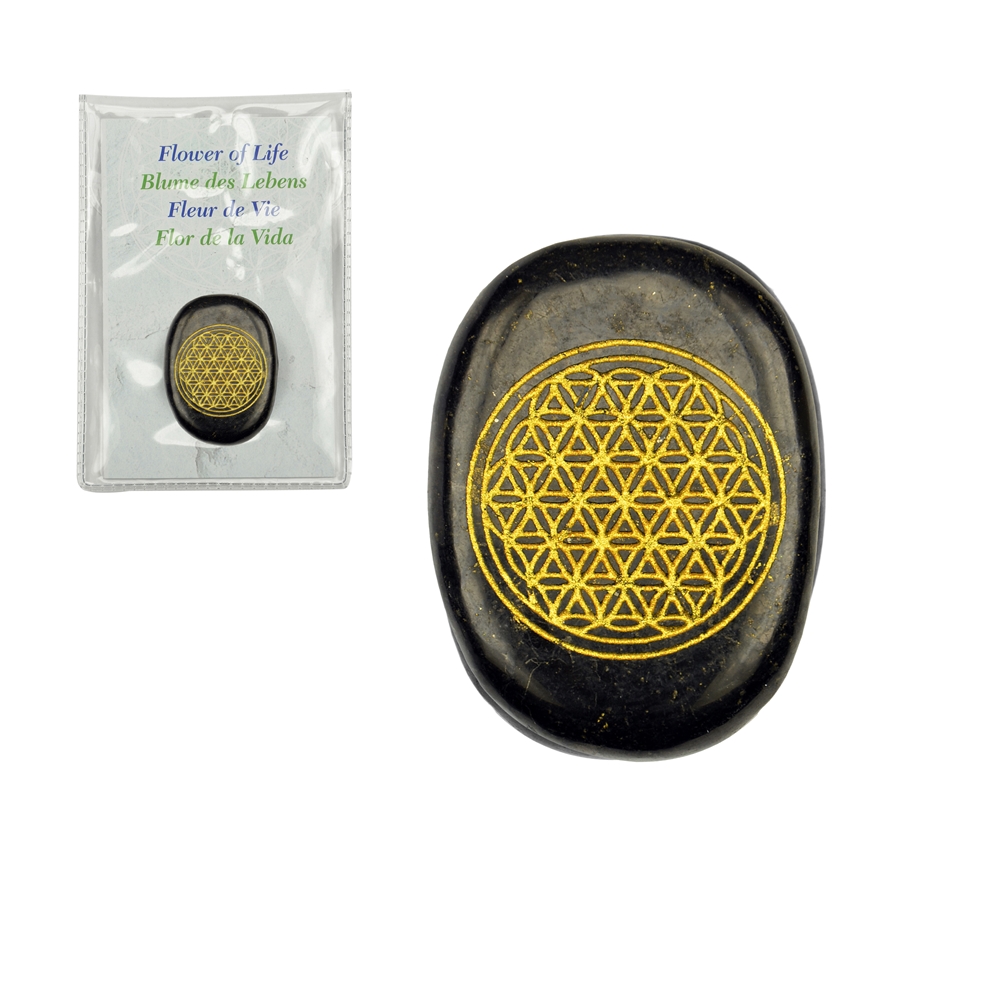 Disc Schungite "Flower of Life" gold colored, 4,0cm, in pouch