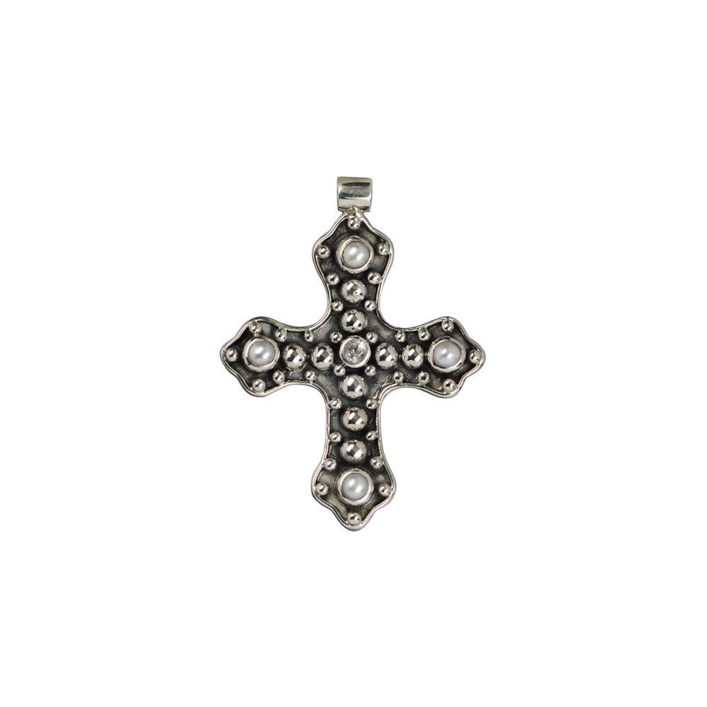 Ciondolo "Croce" con topazio e perle, 4,0 cm