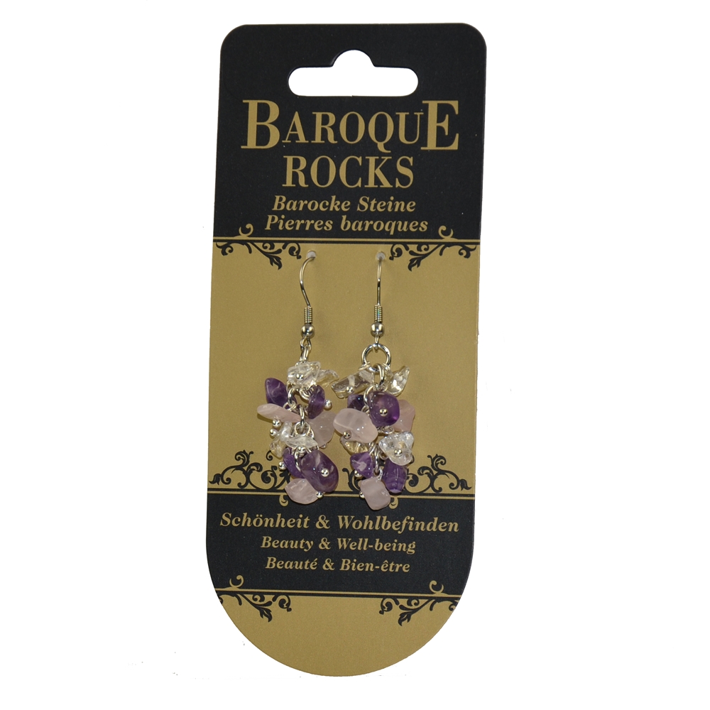 Boucles d'oreilles avec crochets Baroque Combi Quartz rose, améthyste, Cristal de roche "Beauté & Bien-être", 3 rangs