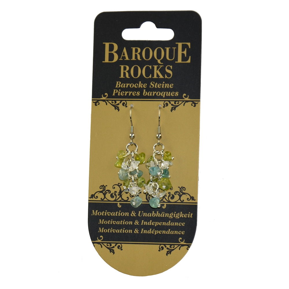 Boucles d'oreilles avec crochets Baroque Combi Apatite, Péridot, Cristal de roche "Motivation & Indépendance", 3 rangs