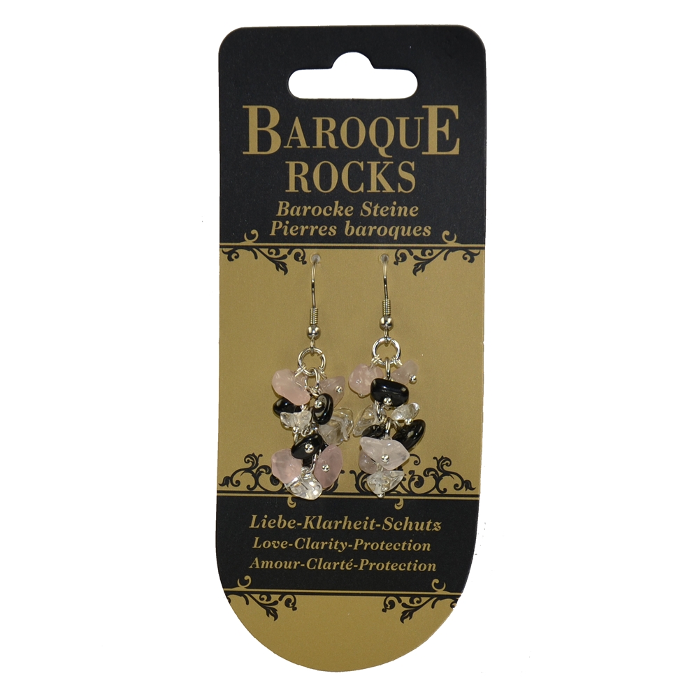 Boucles d'oreilles avec crochets Baroque Combi Cristal de roche, Quartz rose, Schorl (stab.) "Amour-Clarté-Protection", plusieurs rangs" 