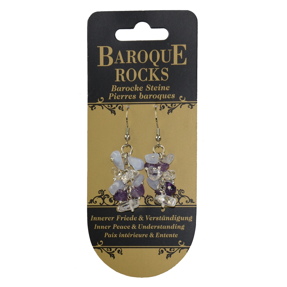 Boucles d'oreilles avec crochets Baroque Combi Calcédoine, améthyste, Cristal de roche "Paix intérieure & compréhension", 3 rangs