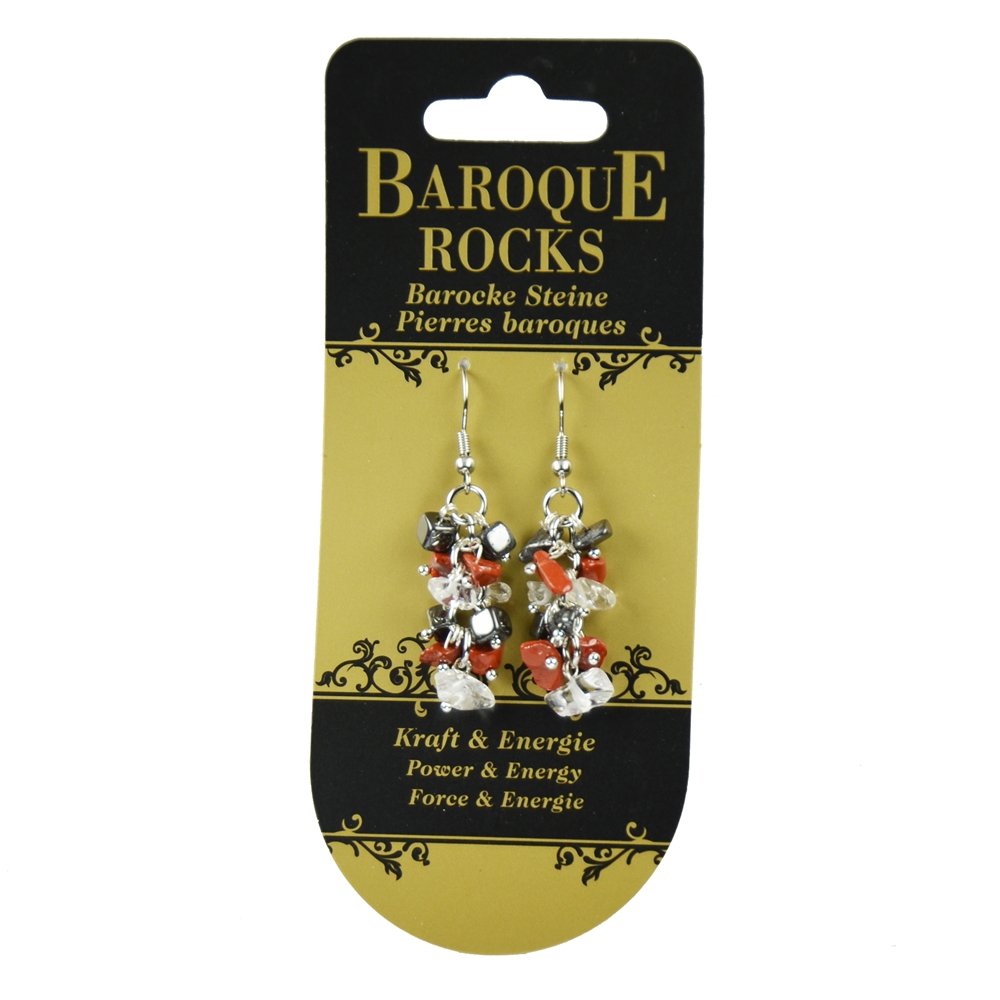 Boucles d'oreilles avec crochets Baroque Combi Hématite, Cristal de roche, Jaspe rouge  "Force & énergie", 3 rangs