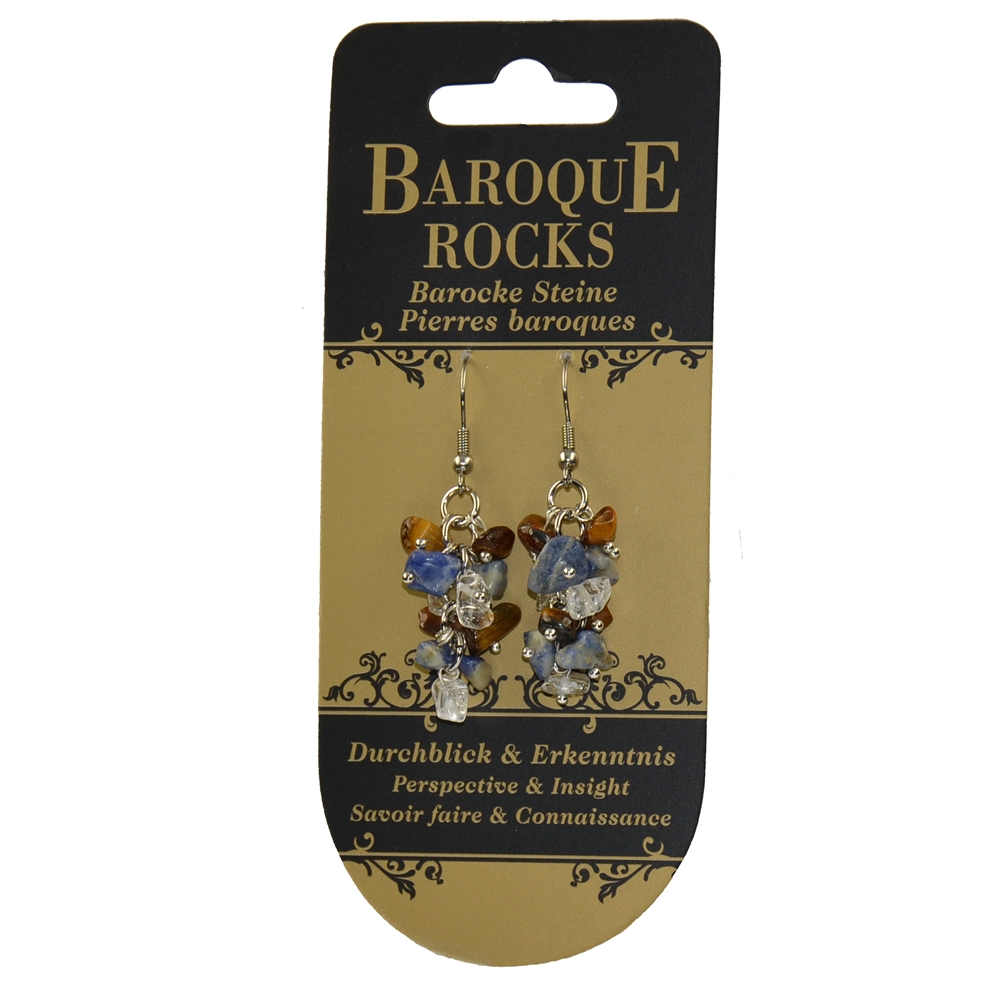 Boucles d'oreilles avec crochets Baroque Combi Oeil-de-tigre, Sodalite, Cristal de roche "Perspicacité & Connaissance", 3 rangs