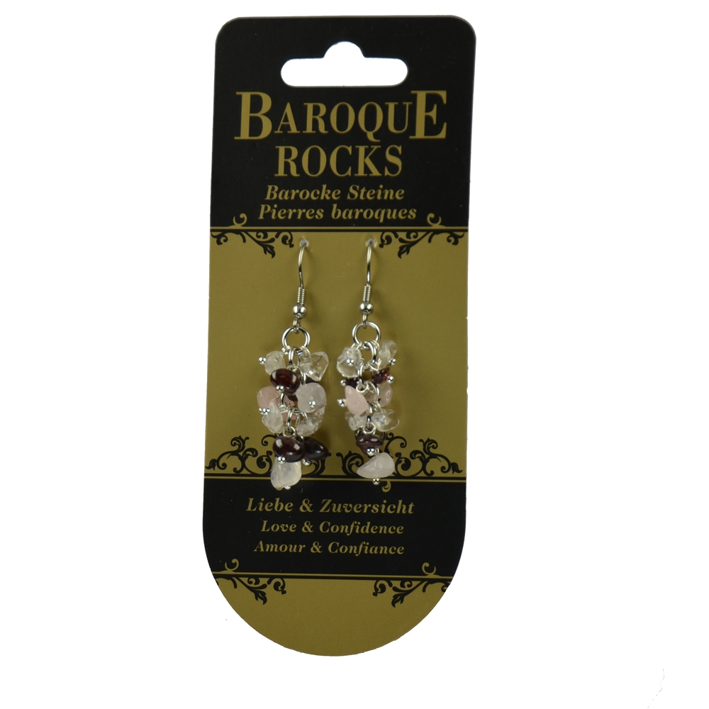 Boucles d'oreilles avec crochets Baroque Combi Quartz rose, grenat, Cristal de roche "Amour & Confiance", 3 rangs
