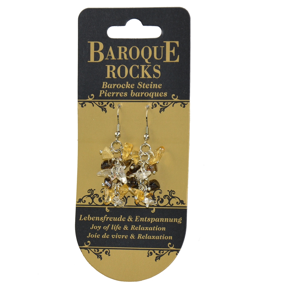 Earrings Baroque Combi Rock Crystal, Citrine fired, Smoky Quartz "Joie de vivre & relaxation", 3 rows
