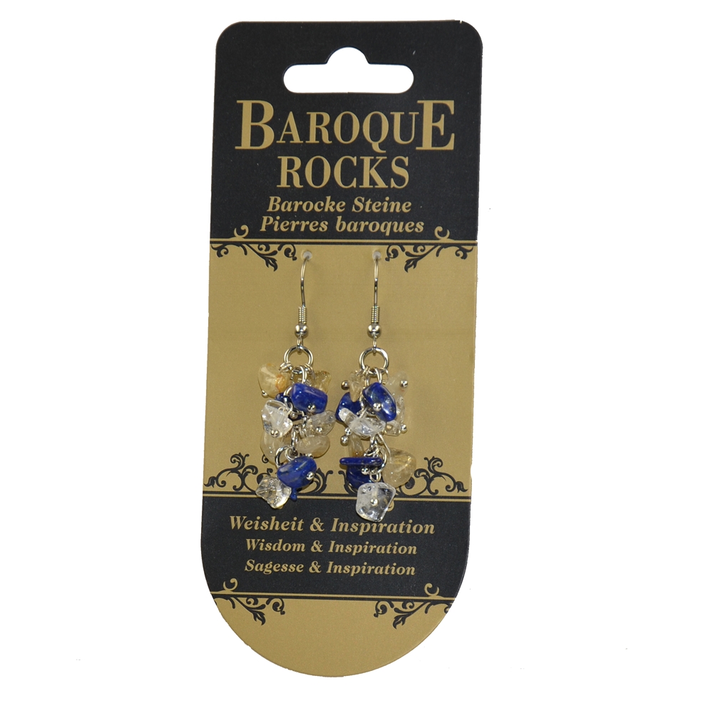Boucles d'oreilles avec crochets Baroque Combi Cristal de roche, Lapis-lazuli, Quartz-Rutile "Sagesse & Inspiration", 3 rangs