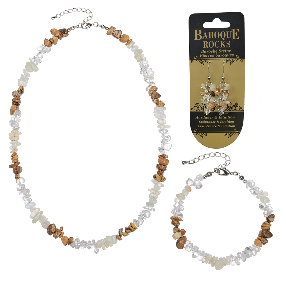 Baroque set combi (necklace, bracelet, earrings) Picture Jasper, Moonstone, Rock Crystal "Perseverance & Intuition"