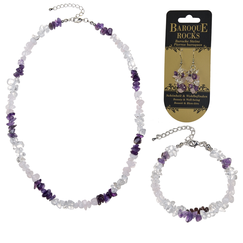 Baroque set combi (necklace, bracelet, earrings) Rose Quartz, Amethyst, Rock Crystal "Beauty & Wellbeing"