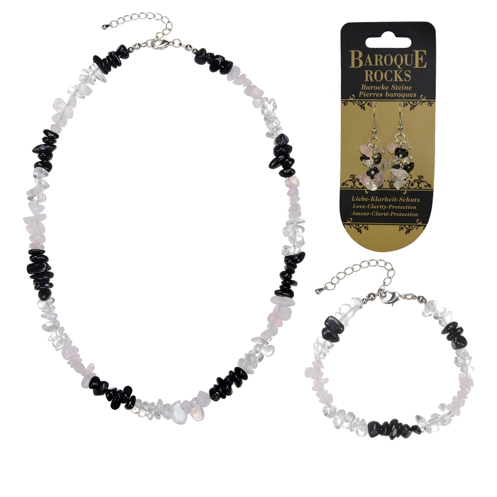 Baroque set combi (necklace, bracelet, earrings) Rose Quartz, Tourmaline (black), Rock Crystal) "Love, Clarity, Protection"