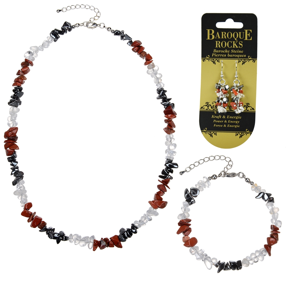 Baroque set combi (necklace, bracelet, earrings) Hematite, Jasper (red), Rock Crystal "Power & Energy"