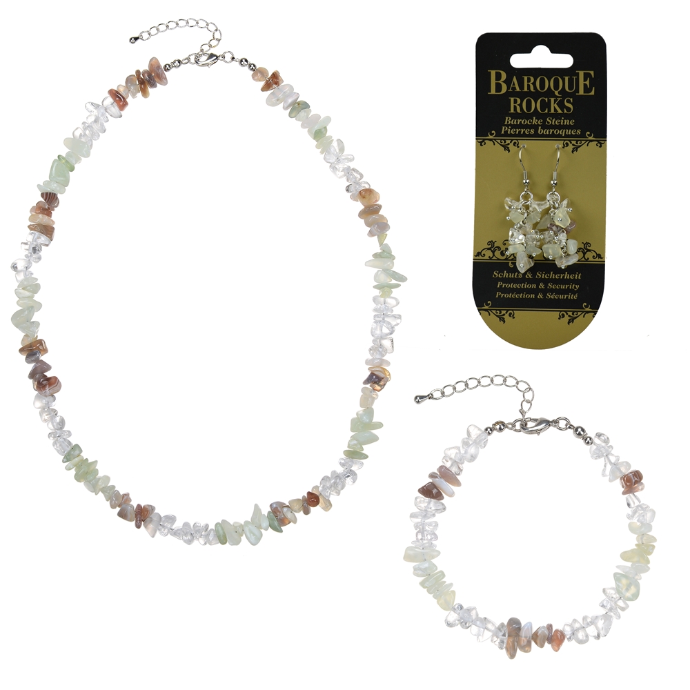Set baroque combiné (Collier, bracelet, Boucles d'oreilles avec crochets) Agate, Serpentine, Cristal de roche "Protection & Sécurité"