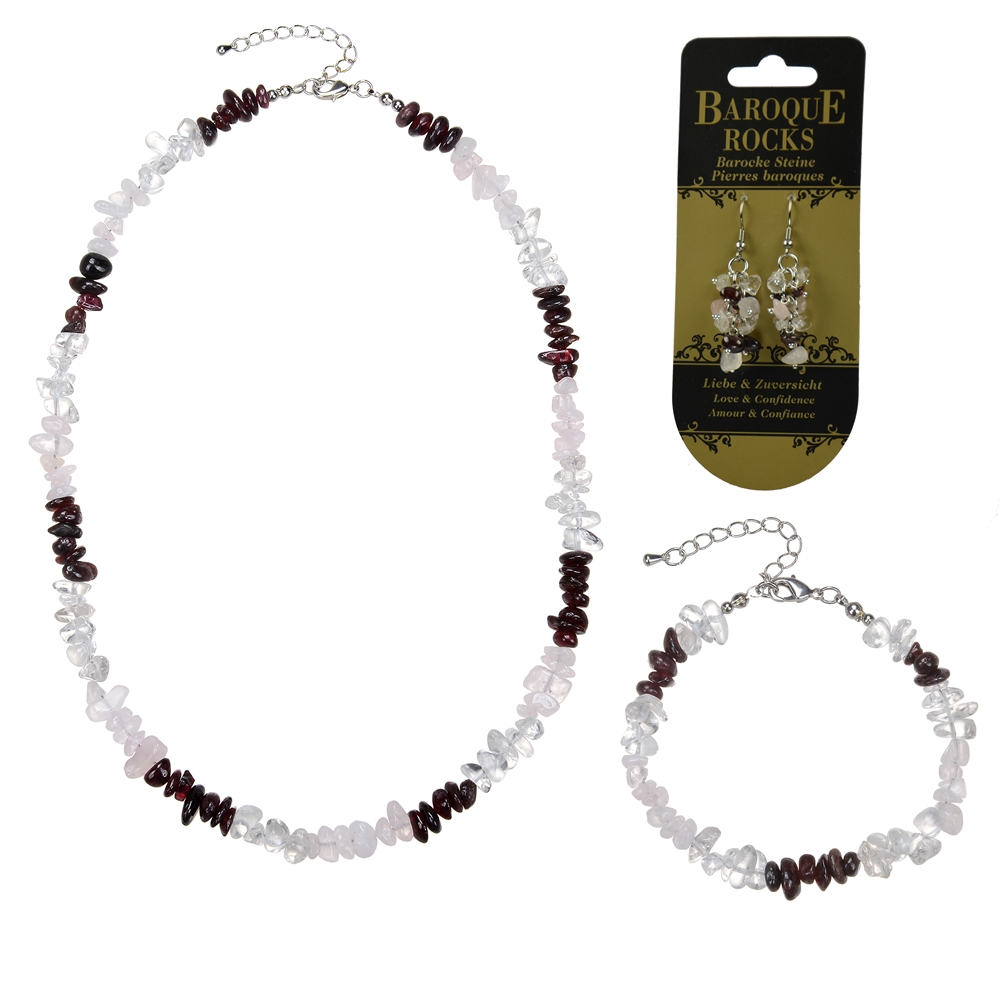 Baroque set combi (necklace, bracelet, earrings) Rose Quartz, Garnet, Rock Crystal "Love & Confidence"