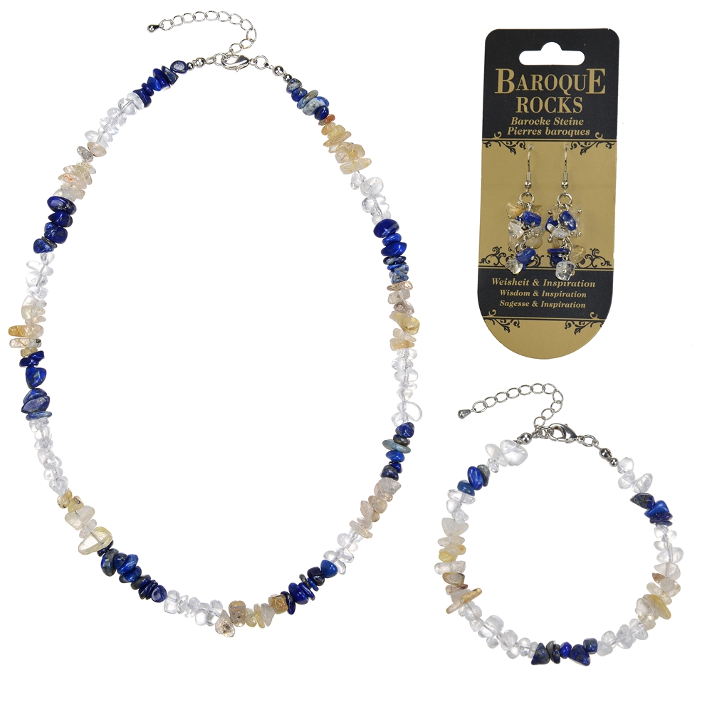 Set baroque combiné (Collier, bracelet, Boucles d'oreilles avec crochets) Lapis-lazuli, Quartz-Rutile, Cristal de roche "Sagesse & Inspiration"