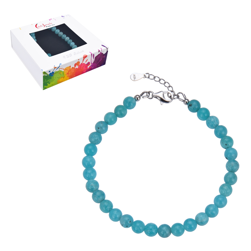 Bracelet Amazonite, 6mm beads, extension chain, rhodium plated