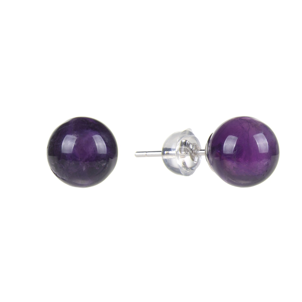 Clous d'oreilles améthyste, boule, 8mm, rhodié