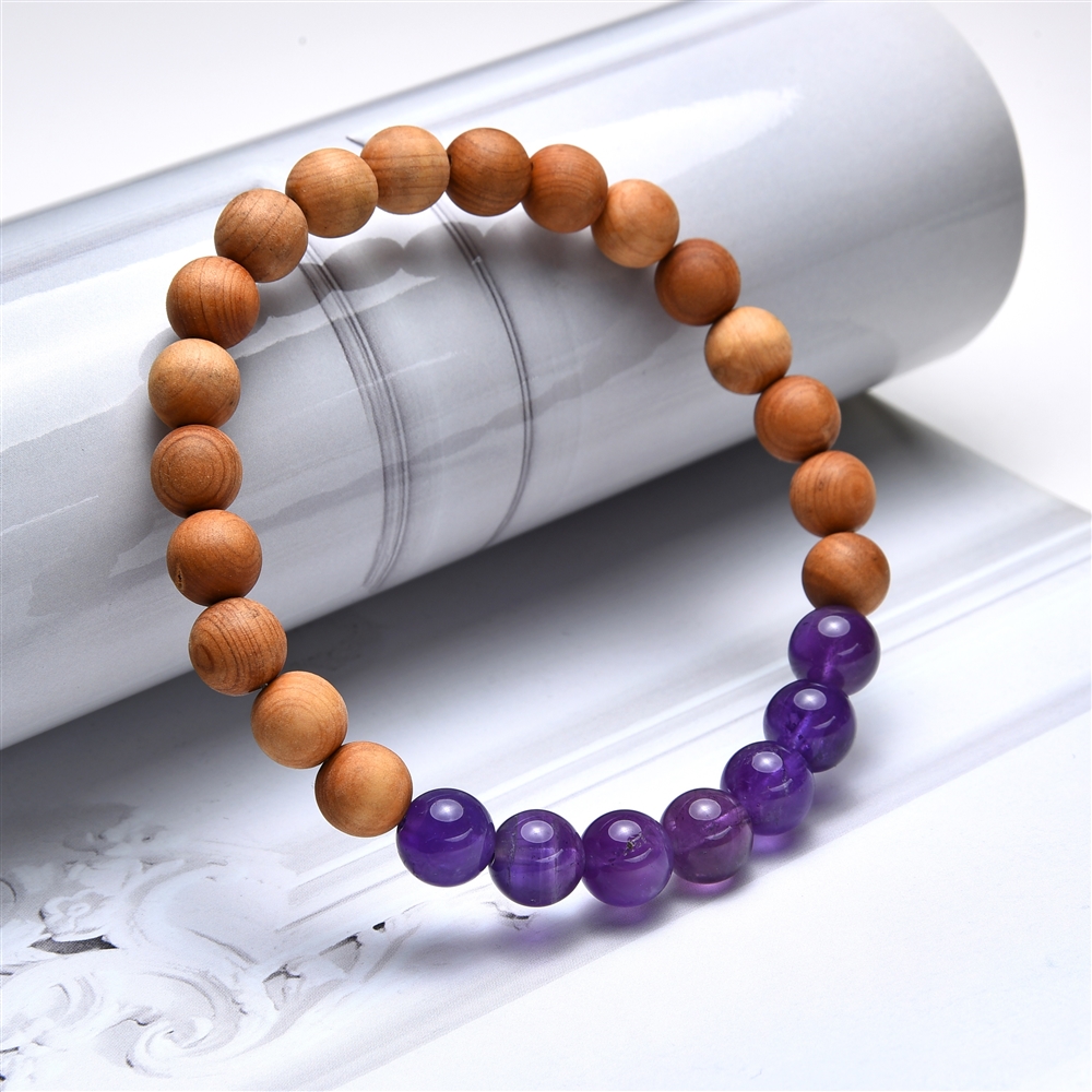 Bracelet, amethyst, sandalwood, 8mm, 20cm