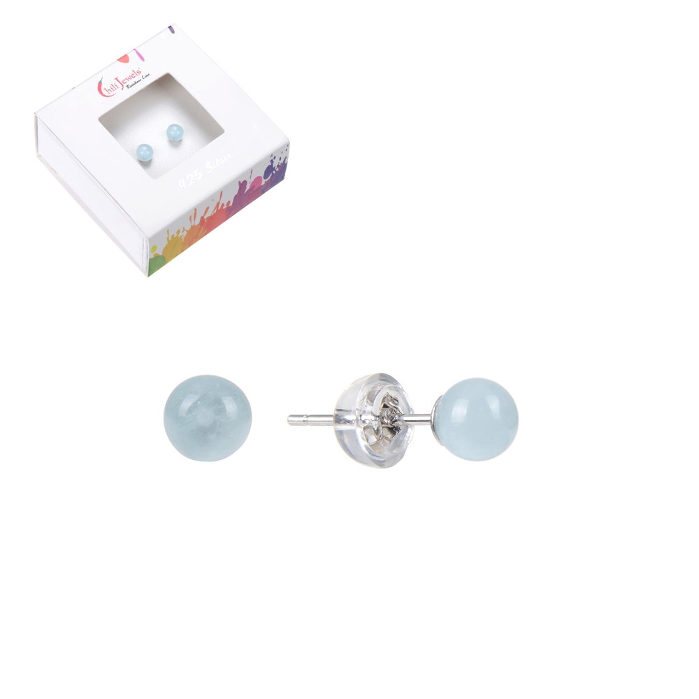 Clous d'oreilles Aigue-marine, boule, 4mm, rhodié