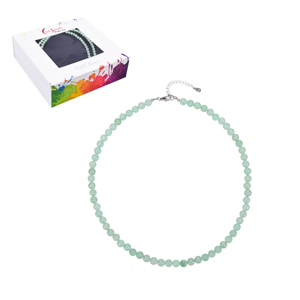 Necklace aventurine, balls (6mm), rhodium plated, extension chain
