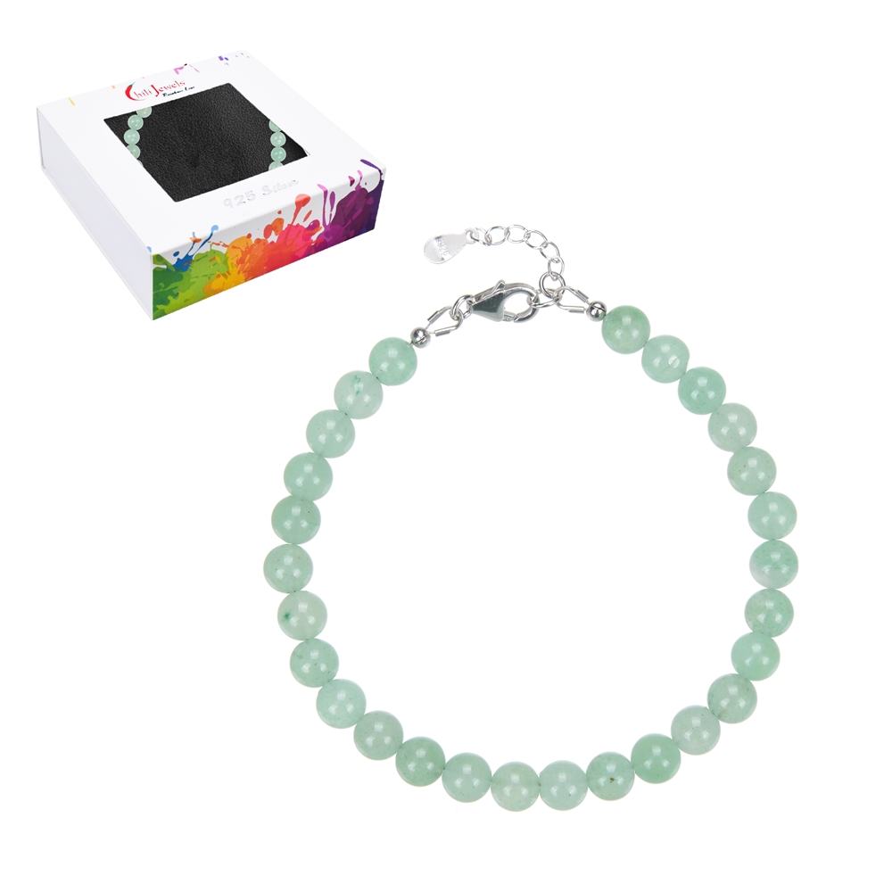 Bracelet aventurine, 6mm beads, extension chain, rhodium plated
