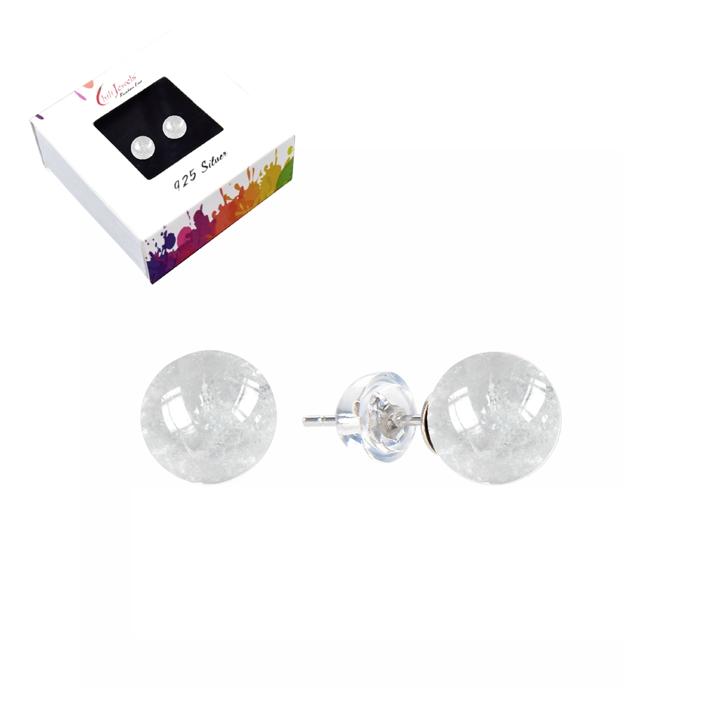 0603545108 Earstud Rock Crystal, ball, 8mm, rhodium plated | gems, healing stones & jewelry