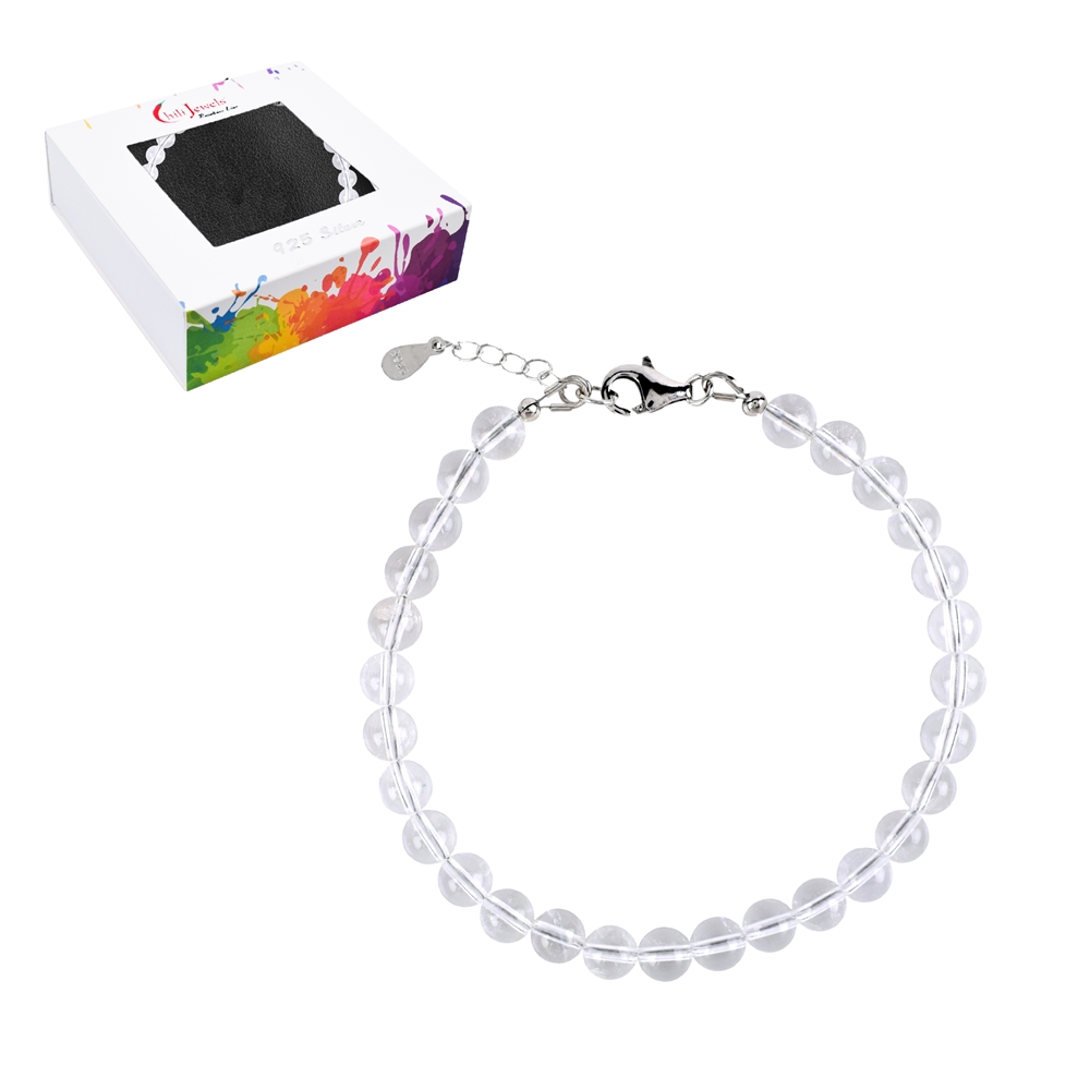 Bracelet en Cristal de roche, boules de 6mm, chaîne de rallonge, rhodié