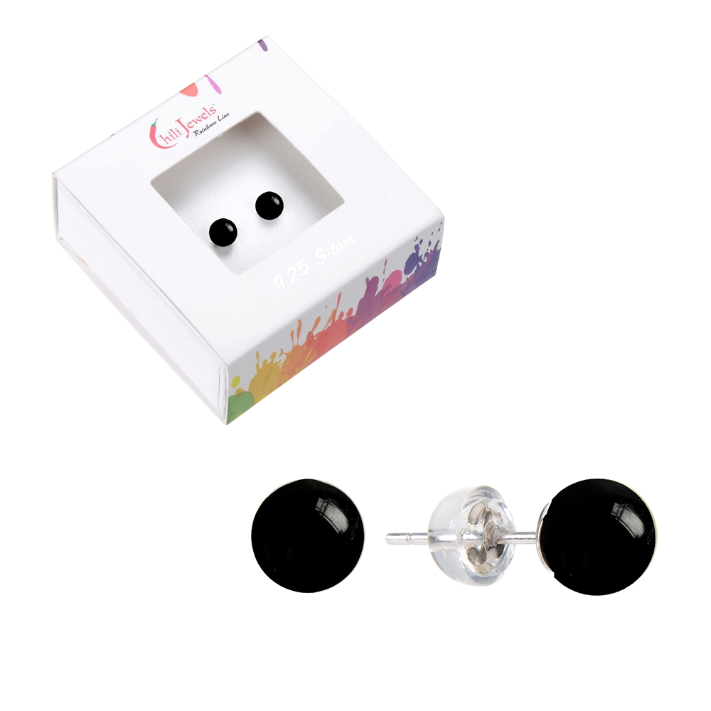 Clous d'oreilles Onyx, boule, 6mm, rhodié