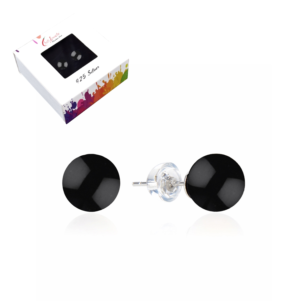 Clous d'oreilles Onyx, boule, 8mm, rhodié