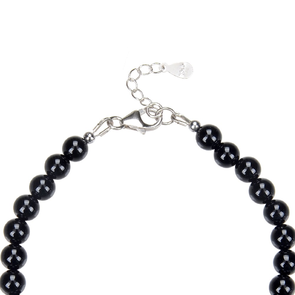 Bracelet Onyx, 6mm beads, extension chain, rhodium-plated