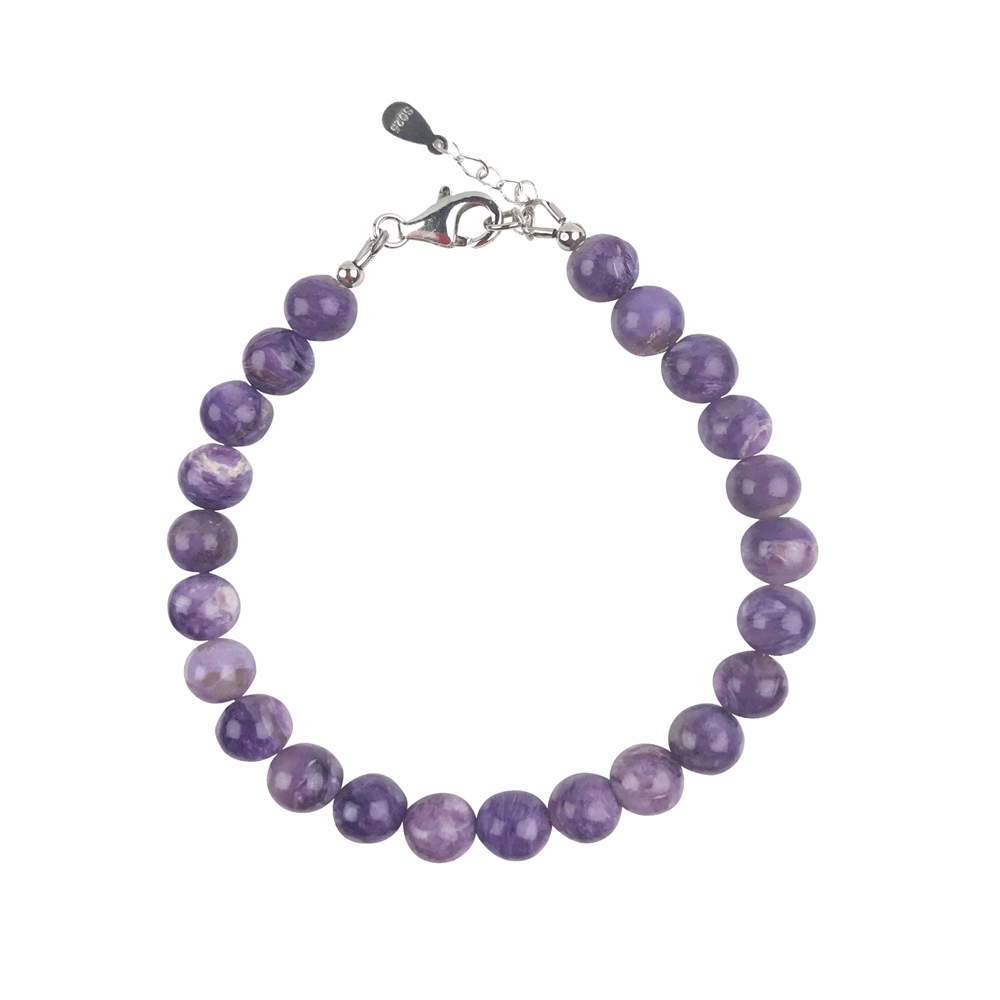 Bracelet Charoite, 7mm beads, extension chain, rhodium plated