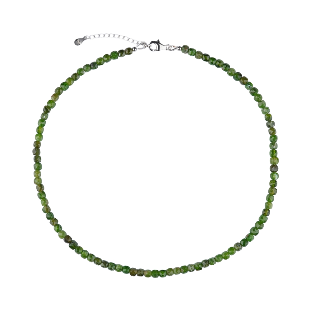 Chrome Diopside necklace, cube (4mm), faceted, rhodiniert