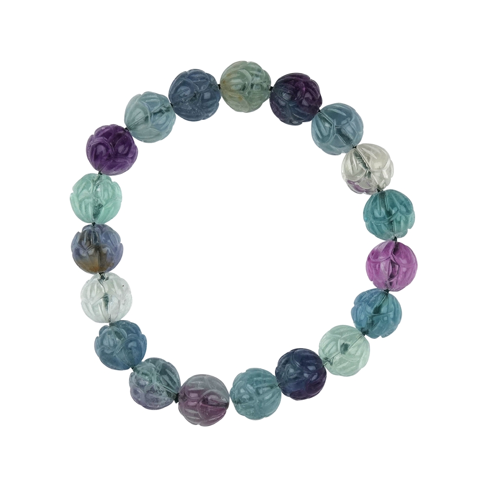 Bracelet, fluorite, 10mm beads with flower pattern