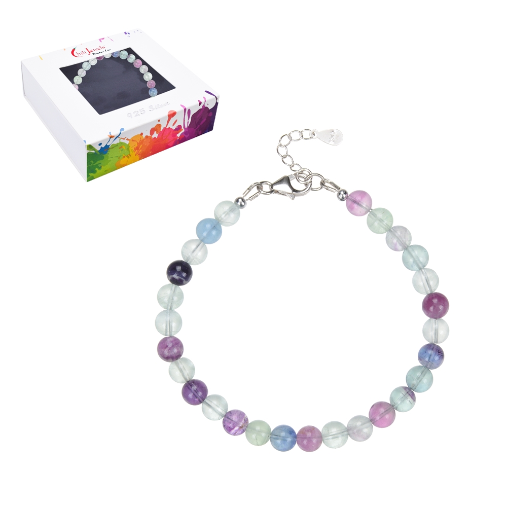 Bracelet fluorite, 6mm beads, extension chain, rhodium plated