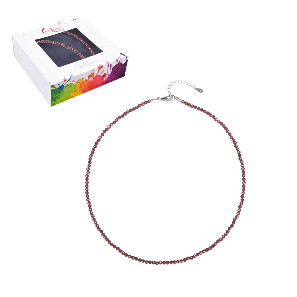 Garnet necklace, 3mm beads, faceted, rhodiniert, extension chain