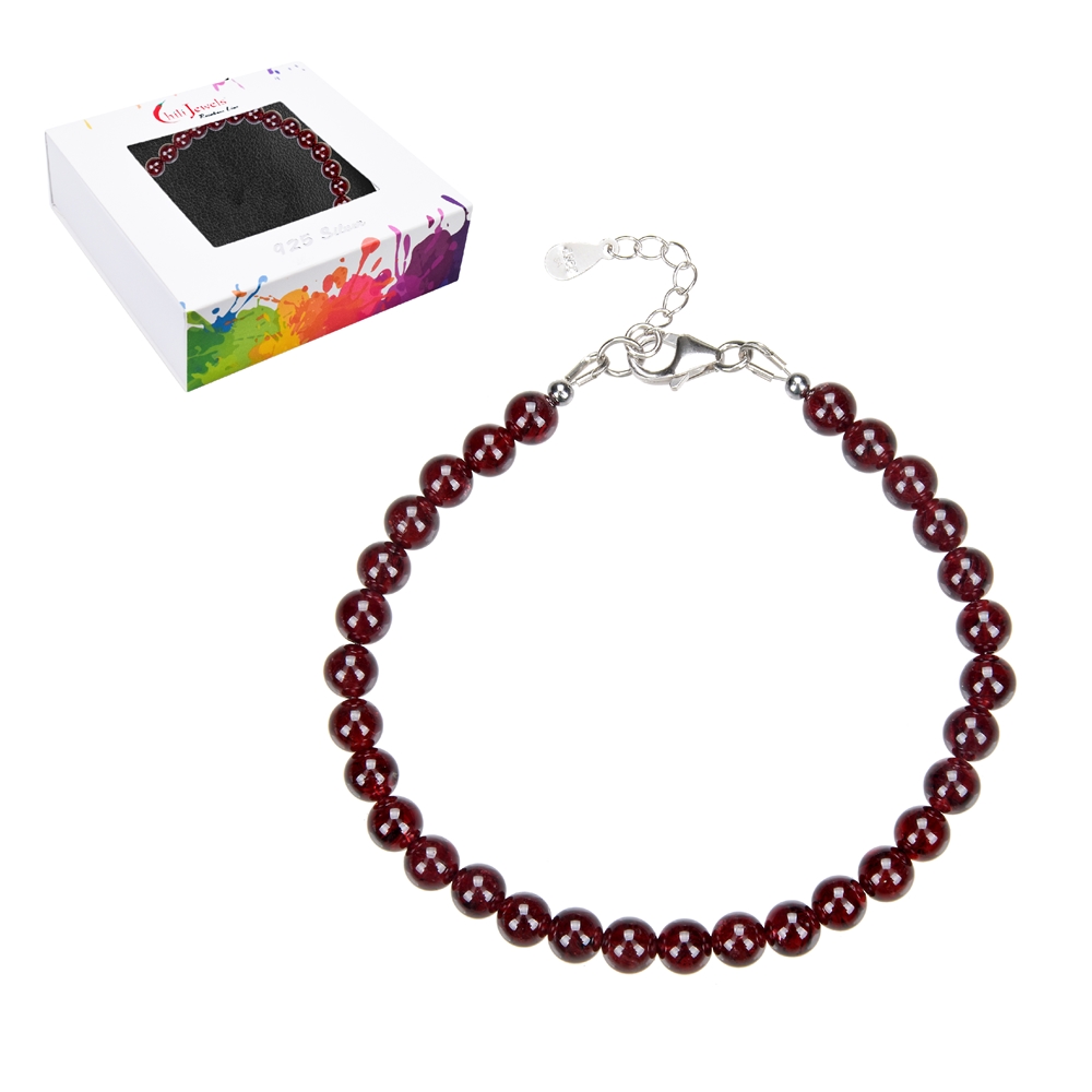 Bracelet, garnet, 6mm beads, extension chain, rhodiniert