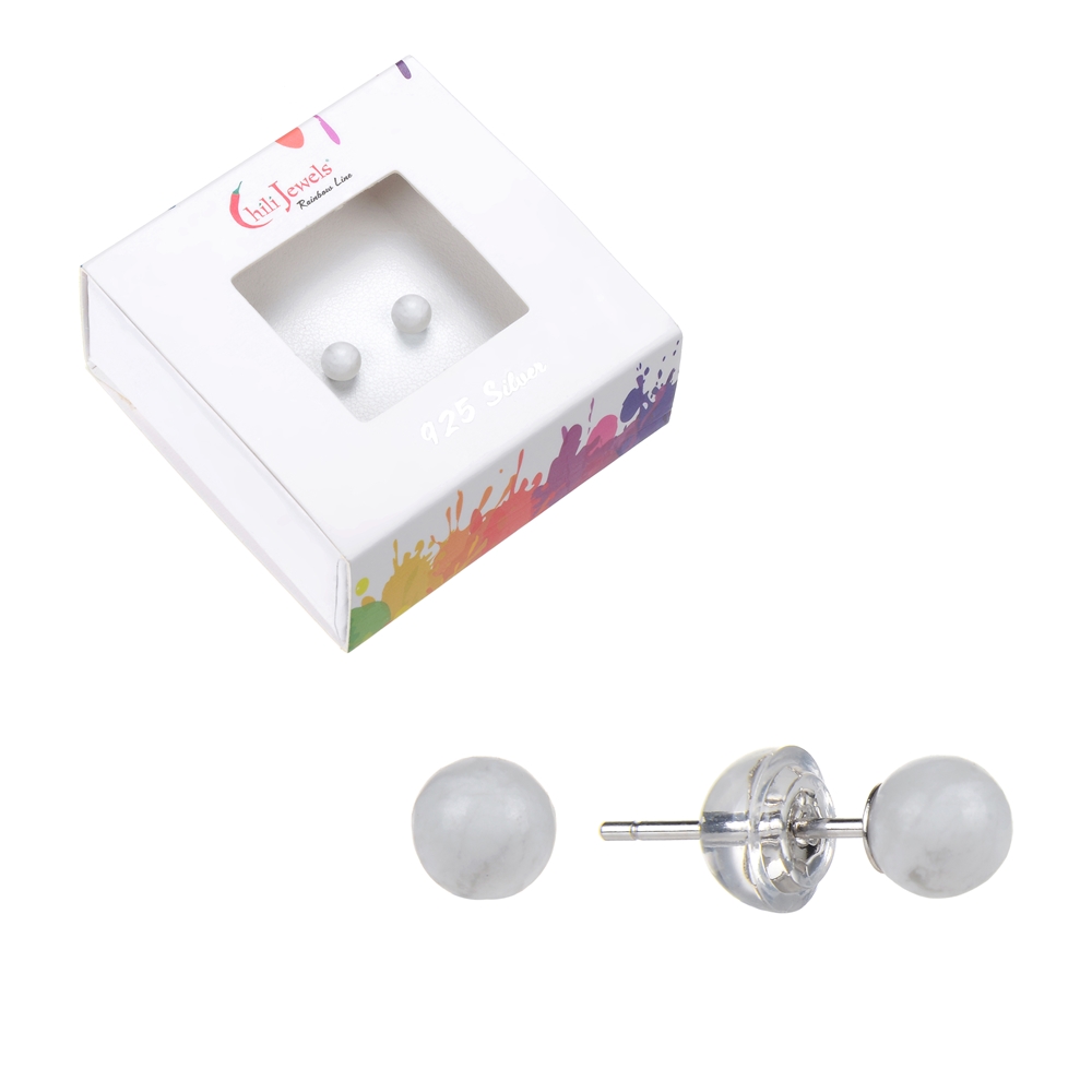 0609145104 Earstud Magnesite, ball, 4mm, rhodium plated | wholesaler gems & healing stones