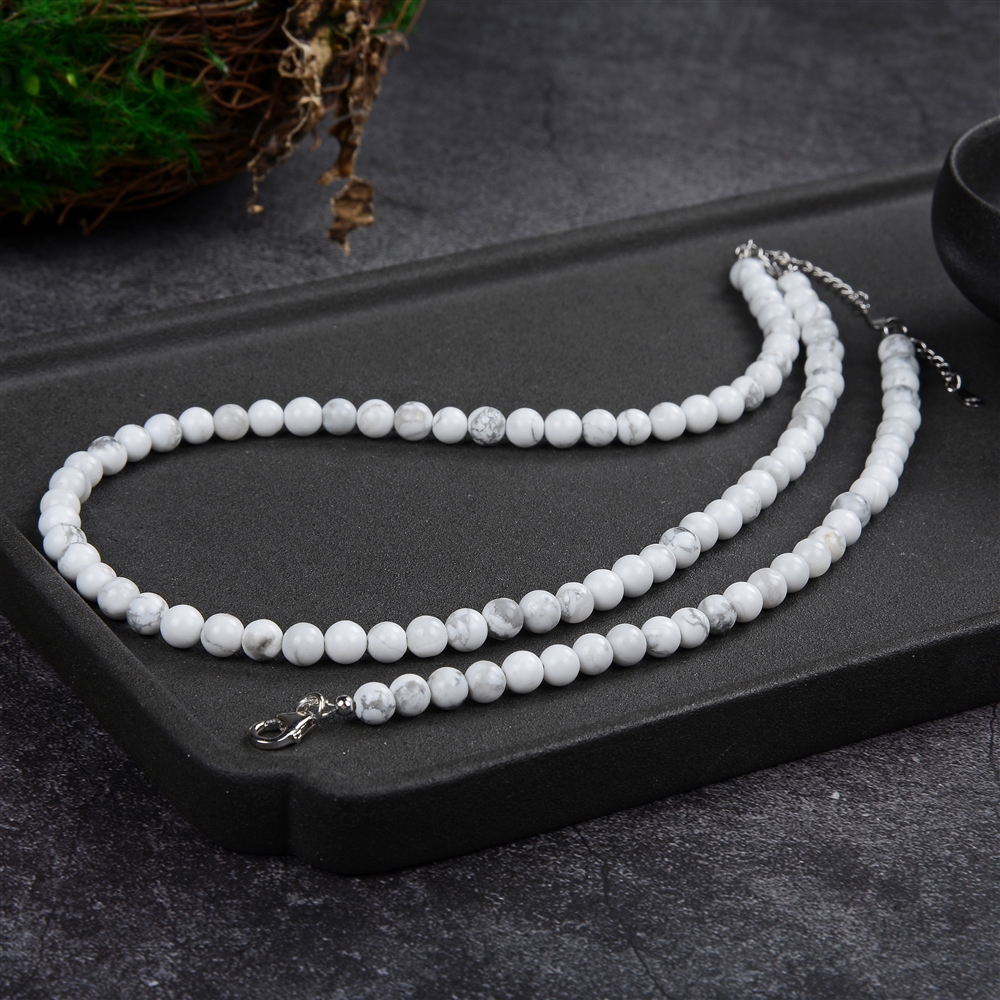 Bracelet Magnesite 6mm beads, extension chain, rhodium-plated